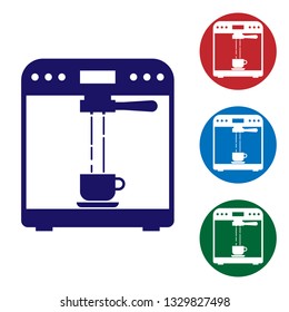Blue Coffee machine and coffee cup icon isolated on white background. Set color icon in circle buttons. Vector Illustration