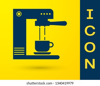 Blue Coffee machine and coffee cup icon isolated on yellow background. Vector Illustration