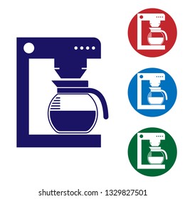 Blue Coffee machine with glass pot icon isolated on white background. Set color icon in circle buttons. Vector Illustration