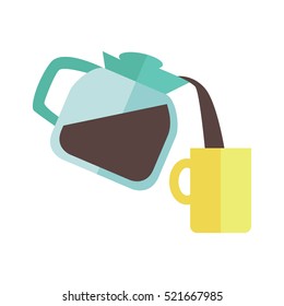 Blue coffee maker with yellow cup in flat design isolated on white background. Coffee pouring into cup. Coffee time, break time concept. Vector illustration.