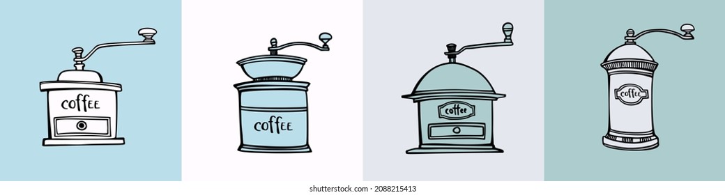 Blue Coffee mills set. Hand drawn line sketch. Vintage Coffee grinders. Colourful vector illustration.