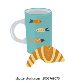 Blue coffee mug with aquarium fish and croissant. Minimalistic breakfast - coffee and bagel. Isolated vector. Decorated composition for the design of postcards, advertising. menu, networks.