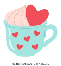 Blue coffee mug. Ceramic mug with red hearts. Happy Valentine. Trendy flat vector illustration. Isolated on white background.