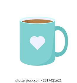 Blue coffee mug. Ceramic mug with white heart. Isolated on white background.	