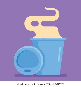 Blue coffee mug with steam in flat design style. Paper Coffee Cup, Vector illustration.
