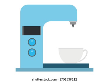 Blue coffee pot pouring coffee into a cup.