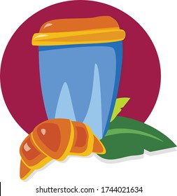 Blue coffee take out cup with a fresh croissant and green leaves. Pastry and hot beverage cafe. Refreshment on the go. 
