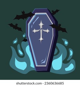 Blue coffin with black bats for halloween