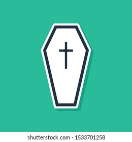 Blue Coffin with christian cross icon isolated on green background. Happy Halloween party.  Vector Illustration