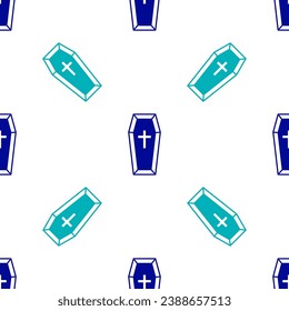 Blue Coffin with christian cross icon isolated seamless pattern on white background. Happy Halloween party.  Vector
