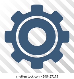 Blue Cog interface icon. Vector pictogram style is a flat symbol on diagonal hatch transparent background.