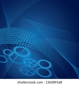 Blue cogs on gradient, halftone and swirls background. This image is a vector illustration.