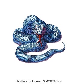 Blue Coiled Snake Pixel Art with Red Tongue. Vector illustration design.