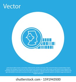 Blue Coin for game icon isolated on blue background. White circle button. Vector Illustration