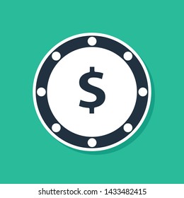 Blue Coin money with dollar symbol icon isolated on green background. Banking currency sign. Cash symbol.  Vector Illustration
