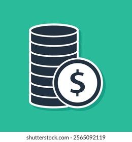 Blue Coin money with dollar symbol icon isolated on green background. Banking currency sign. Cash symbol.  Vector