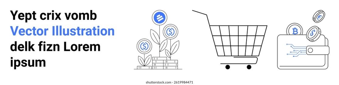 Blue coins growing on plants next to shopping cart and wallet with digital coins. Ideal for e-commerce, cryptocurrency, fintech, financial services, online business, digital payments, economic