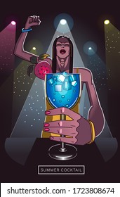 A blue cold cocktail in a dancing girl's hand behind the bar counter. Nightclub with colorful spotlights, loud music, dance and drink. Juice, Strawberry, Silhouette.