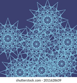 Blue Cold Complicated Calm Ice Mystery Light Background. Vintage Ornamental Chaotic Textile Lace Luxury Folk Pattern Design Pic. Print Mandala Turquoise Stars Shapes Dark Indigo Messy Ornament.