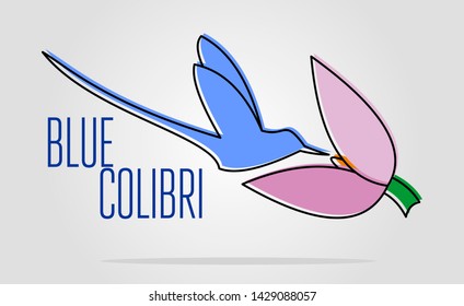 Blue colibri logo. simple flat color illustration of landing bird