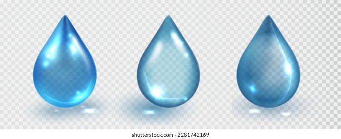 Blue collagen droplet isolated on transparent background. Vector realistic serum droplet of drug or collagen essence. Water drop set