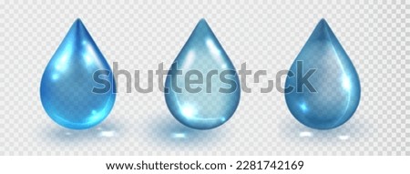 Blue collagen droplet isolated on transparent background. Vector realistic serum droplet of drug or collagen essence. Water drop set