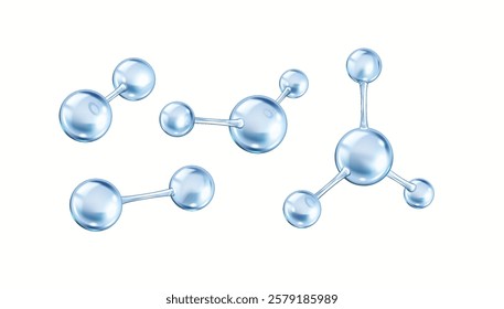 Blue collagen molecules from spheres realistic color icons set. Chemical structures form bond 3d objects bundle on white background