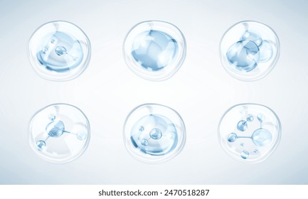 Gotas de colágeno azul en suero. Líquido cosmético, burbuja de esencia. Concepto de solución cosmética para el cuidado de la piel. Ilustración vectorial