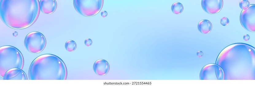 Blaues Kollagen Serum oder Seifenblasen, 3D realistisches Vektorset. Transparente Kugeln mit kosmetischer Hautpflege, Vitamin- oder Feuchtigkeitstropfen und glänzenden Kaugummikugeln.