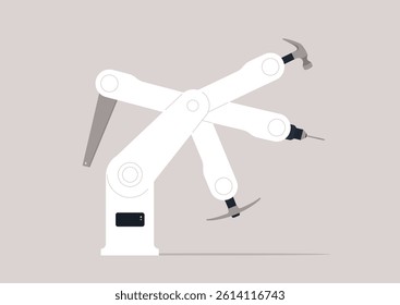 Blue collar automation process, a robot showcases its handyman skills, equipped with tools for various tasks, promoting efficiency and modern technology in the workspace