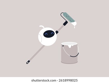 Automação de colarinho azul, Um robô usa habilmente um rolo para aplicar tinta de um balde, mostrando o futuro do trabalho manual