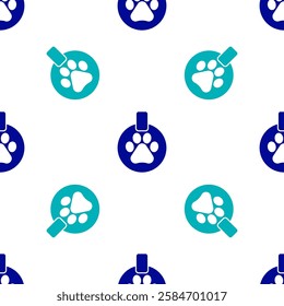 Blue Collar with name tag icon isolated seamless pattern on white background. Supplies for domestic animal. Dog or cat paw print. Cat and dog care. Pet chains.  Vector