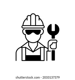 Blue Collar Worker Black Linear Icon. Repairman With Wrench. Mechanic With Tool For Construction Work. Profession, Occupation. Social Class. Outline Symbol On White Space. Vector Isolated Illustration