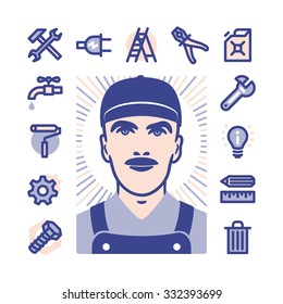 Blue Collar Worker With Fat Line Icons For Web And Mobile. Modern Minimalistic Flat Design Elements Of Construction, Home Repair Tools