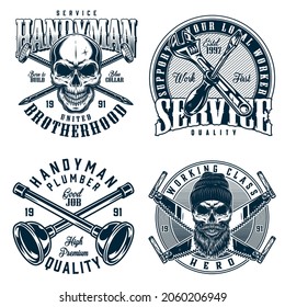 Blue collar worker monochrome designs in vintage style with skull in beanie hat crossed two handed saws plungers metal nails screwdriver and adjustable wrench isolated vector illustration