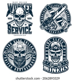 Blue collar worker monochrome prints in vintage style with skulls in baseball cap and miner helmet dynamites metal pincers crossed hammers saw and chainsaw isolated vector illustration