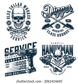 Blue collar worker prints with skulls electric drill crossed adjustable wrenches shovels chainsaws in vintage monochrome style isolated vector illustration