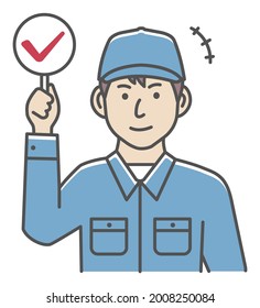 Trabajador de cuello azul mostrando ilustración vectorial de rótulo