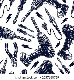 Blue collar worker tools seamless pattern with electric drill soldering iron pliers screwdrivers lightning signs in vintage monochrome style vector illustration