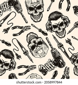 Blue collar worker tools seamless pattern with soldering iron screwdriver pliers skeleton hand holding electric drill skulls in baseball cap and protective headphones vector illustration