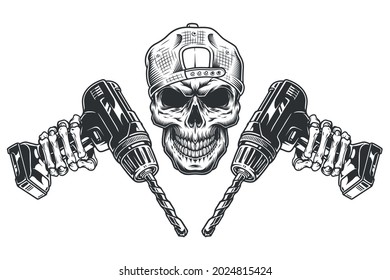 Blue collar worker vintage concept with builder skull in baseball cap and skeleton hands holding electric drills in monochrome style isolated vector illustration