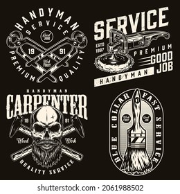 Blue collar worker vintage labels with inscriptions bearded and mustached skull paint brush polishing machine crossed metal pincers hammers isolated vector illustration