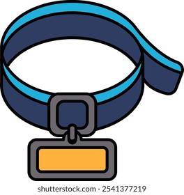 A blue and blue collar with a yellow tag. The collar is on a white background