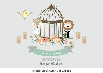 Blue collection for banners,Placards with leaf,flower,fox,lion,ribbon,candle,bride,groom and cage