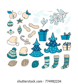 Blue collection of Christmas and New Year hand drawn clipart. Vector holiday design elements for greeting card, invitation, pattern