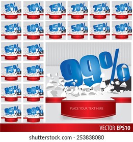 Blue collection discount  5  10 15 20 25 30 35 40 45 50 55 60 65 70 75 80 85 90 95 99  percent  on vector cracked ground on white background