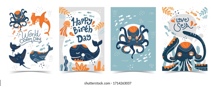 Blue collection of ocean background set with fish, hammerhead shark, stingray, whale, jellyfish, vector illustration for birthday invitation, postcard, logo, sticker and world ocean day