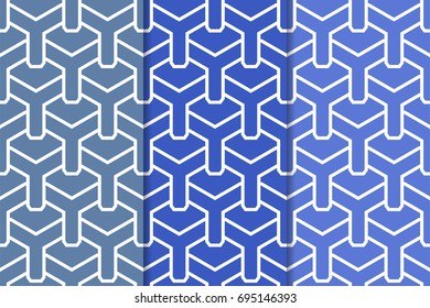 Blue collection of triangle patterns. Seamless background for fabrics and wallpapers