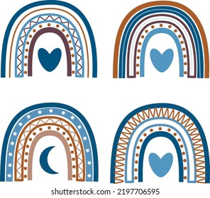 Blue colofull rainbow. Set of Boho rainbows illustration.