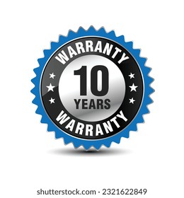 Blue color 10 years warranty badge, sign, symbol, and insignia isolated on white background. Vector illustration.